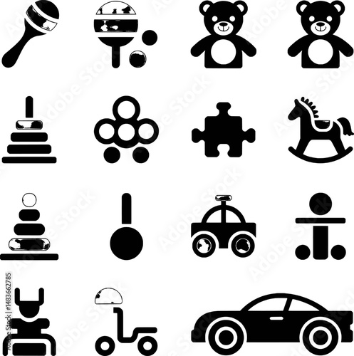 Collection of black and white icon illustrations representing classic baby toys and playthings