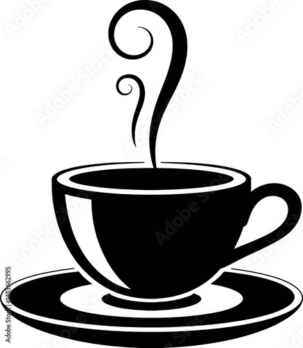 Elegant black and white silhouette illustration of a steaming coffee cup and saucer