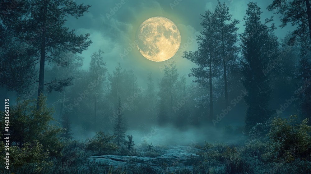 Fototapeta premium Full moon rises behind dense pine forest shrouded in mist. Tall trees create layered silhouette against glowing sky at twilight. Generative by AI