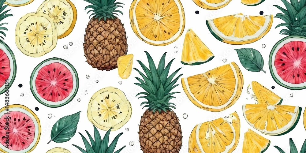 Seamless tropical fruit pattern in hand-drawn style on white background. perfect for packaging and textiles. Seamless tropical fruit pattern in hand-drawn style on white background. perfect for packaging and textiles.