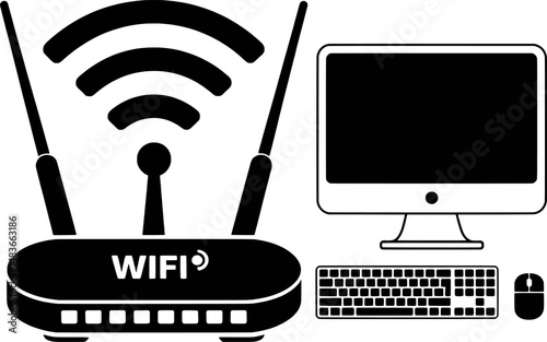 Modern black and white wireless internet router with computer keyboard and mouse design