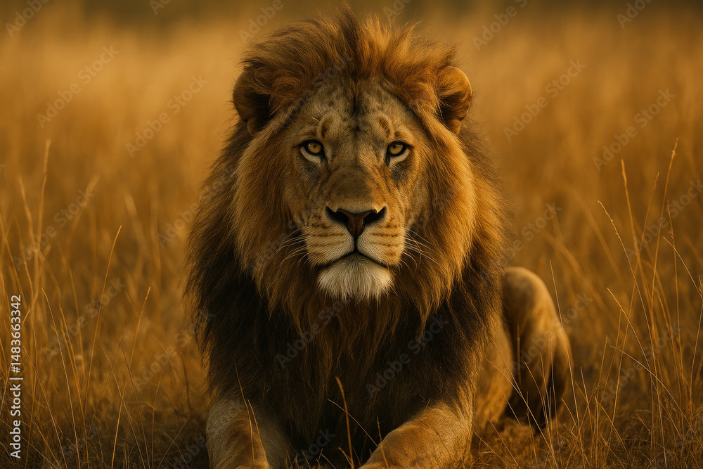 Lion sitting in field. Lion sitting in field.