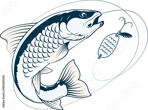Big fish catch and fishing line with bait. Design for fishing and fish food