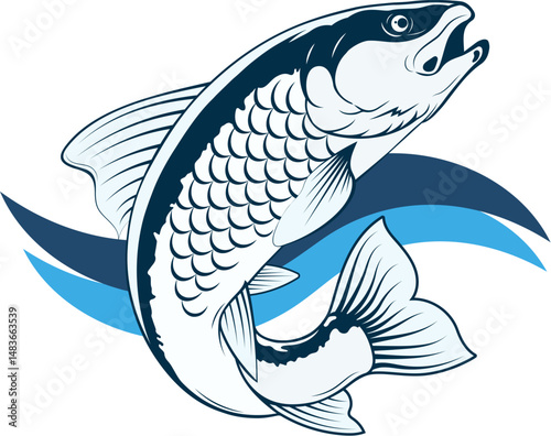 Sea river fish on blue waves. Design for fishing and recreation