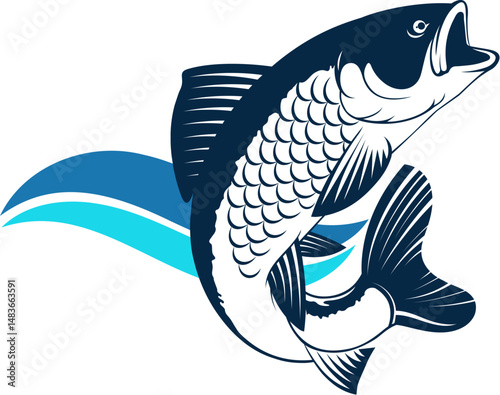 Fish on blue waves symbol. Seafood, fishing, sport fishing design
