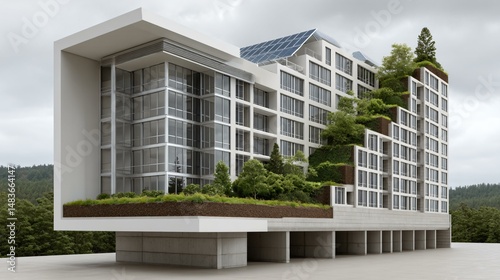 Cross-section of an eco-friendly high-rise with facade-mounted photovoltaics, passive solar fins, thermal mass concrete walls, green roof terraces, and rainwater reuse cisterns feeding greywater photo