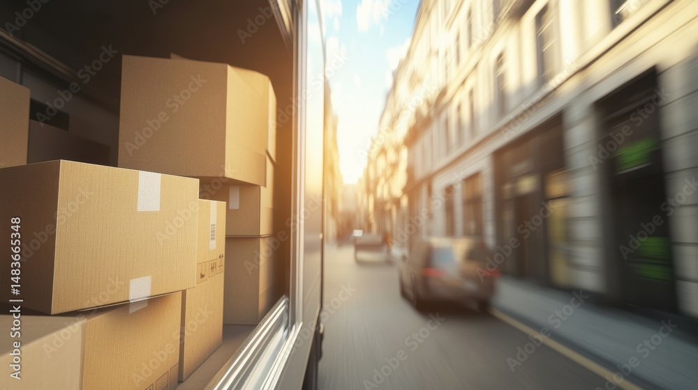 Fototapeta premium Open Delivery Truck Packed with Cardboard Boxes on City Street Ready for Shipment