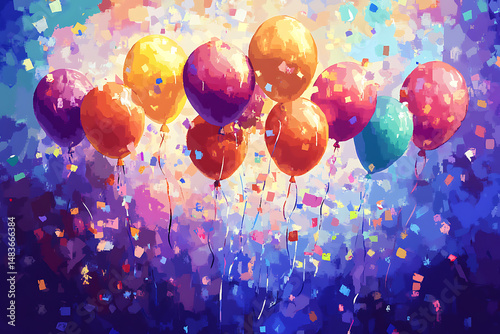 Pixelated image of a bunch of colorful balloons floating against a dark background with confetti around them