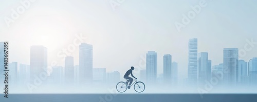 Silhouette of a cyclist in a misty city