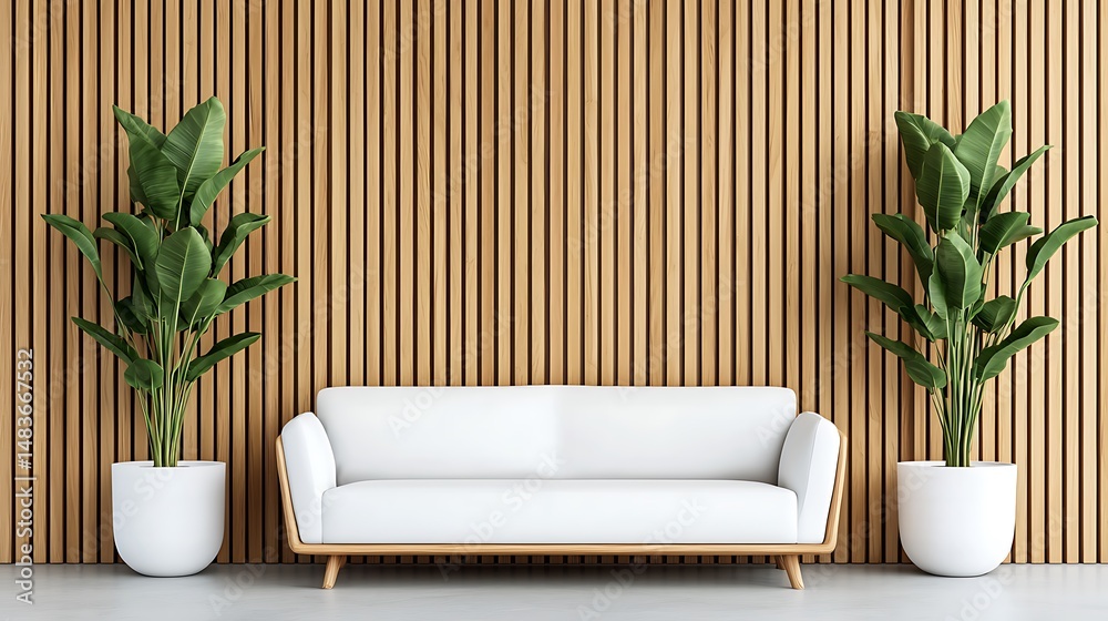 Minimalist Living Room Decor: White Sofa with Green Plants and Wood Paneling, Modern Interior Design. Minimalist Living Room Decor: White Sofa with Green Plants and Wood Paneling, Modern Interior Design.