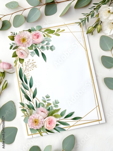 Eucalyptus watercolor  half of floral frame background vector with a golden border on a white background, Eucalyptus watercolor decoration for a wedding invitation and card design template