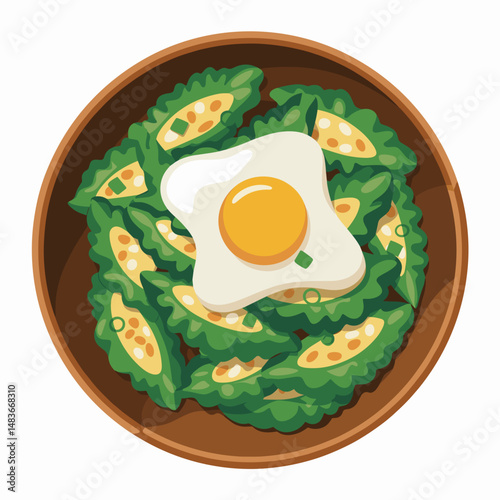 Stir-Fried Bitter Melon with Fried Egg Vector Art