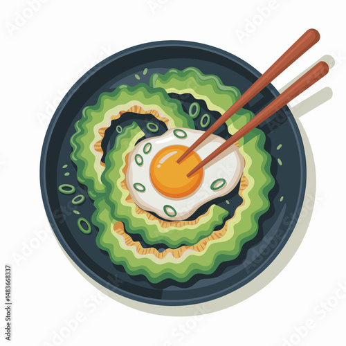 Stir-Fried Bitter Melon with Fried Egg Vector Art
