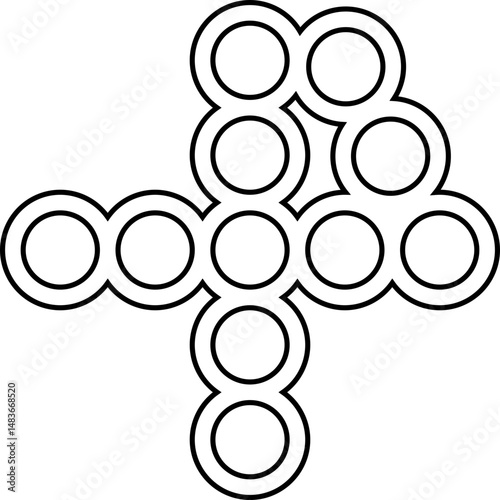 Circular dots forming a bold plus shape with symmetrical alignment and strong visual axis.