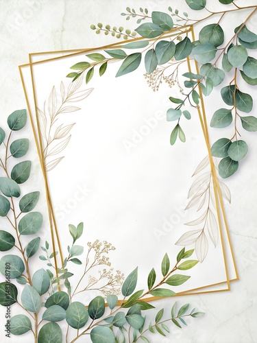 Eucalyptus watercolor  half of floral frame background vector with a golden border on a white background, Eucalyptus watercolor decoration for a wedding invitation and card design template
