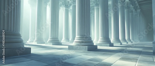 White Marble Columns Array, Ancient Architecture With Sunlight And Stone Tiled Floor