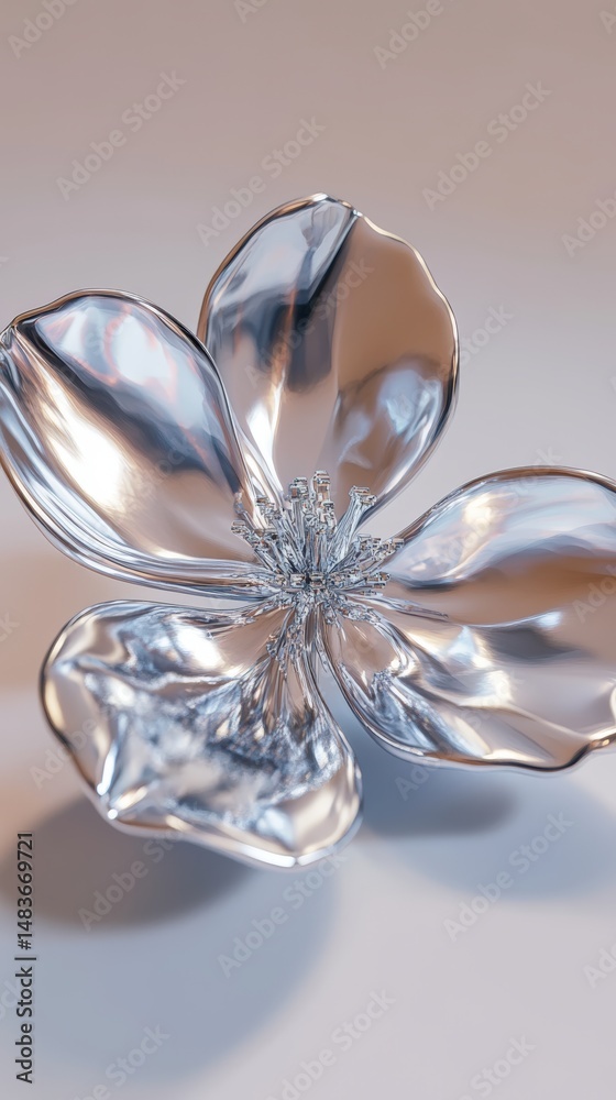 Shiny silver metallic flower sculpture with reflection and intricate details Shiny silver metallic flower sculpture with reflection and intricate details