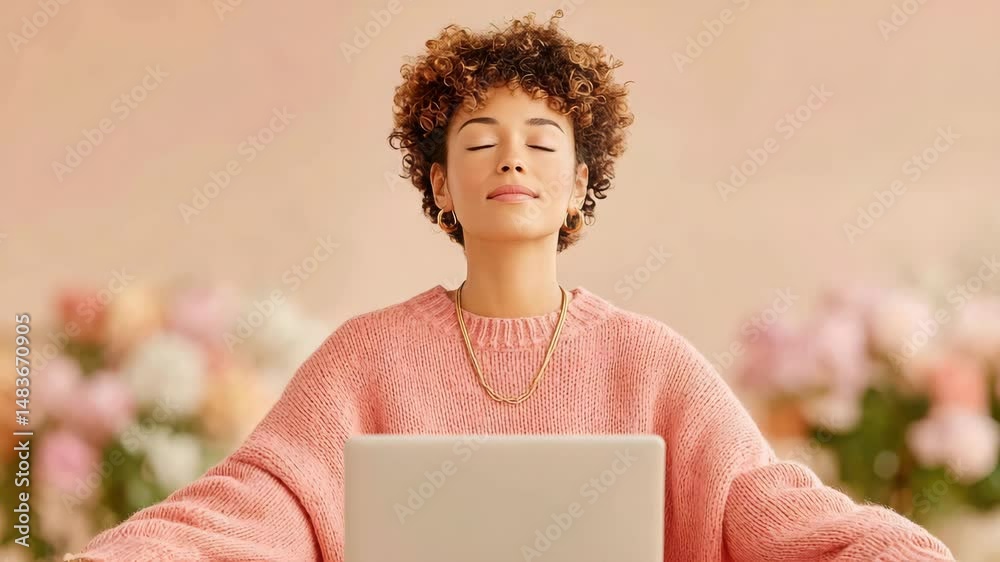   Mindfulness at Work with Laptop – Woman Embracing Tranquility and Balance in Soft Pastel Tones calm remote work pastel mindfulness