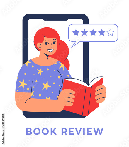 Cartoon vector illustration of redhead woman with a book giving online review. Feedback, literature recommendation, bookworm concept for social media, web page, or print. 