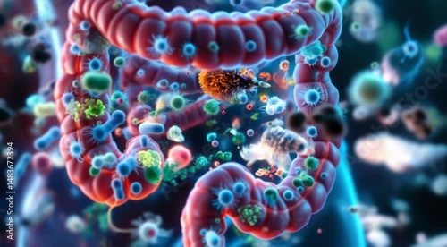 Animated visualization of the human colon and microscopic view of various bacteria and microorganisms within the digestive system.