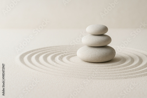 Zen garden with delicate stacked stones, surrounded by vibrant green plants, exudes tranquility and balance.