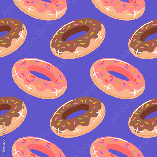 This seamless pattern features vibrant donut-shaped pool floats adorned with pink and chocolate icing, creating a fun and playful vibe. Perfect for summer-themed designs, it brings joy and whimsy to