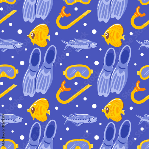 This seamless pattern features vibrant tropical fish alongside snorkels, fins, and masks, evoking a lively underwater world. Perfect for summer designs, it captures the spirit of marine adventure and