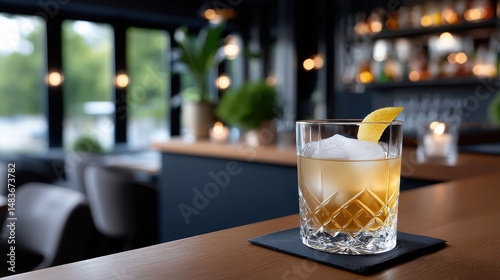 Golden cocktail with ice and lemon zest on a wood bar, bokeh bar background