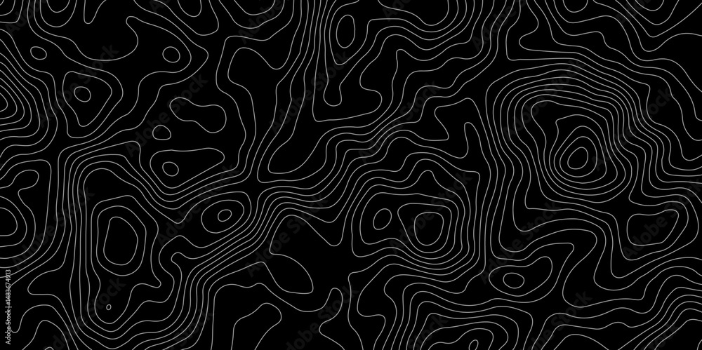 Fototapeta premium Black background topography contour map with black curve lines. luxury topographic wavy pattern and geographic grid map patterns, topography line map. Vintage outdoors style