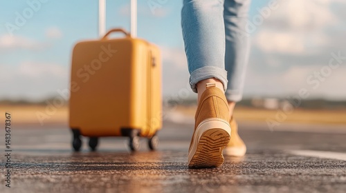 Close up view of a person's legs and feet walking away, pulling a mustard yellow wheeled suitcase on a tarmac. The person is wearing light tan sneakers and patterned pants.