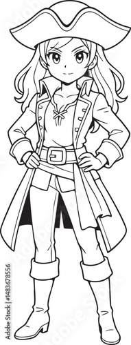 pirate girl in manga style with hat and coat holding weapon in line art design for coloring books

