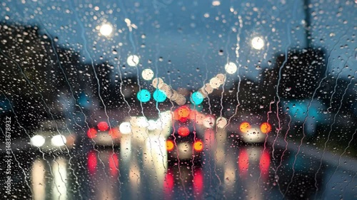 Car lights bokeh on rainy windshield at night – abstract blur motion and raindrop effects