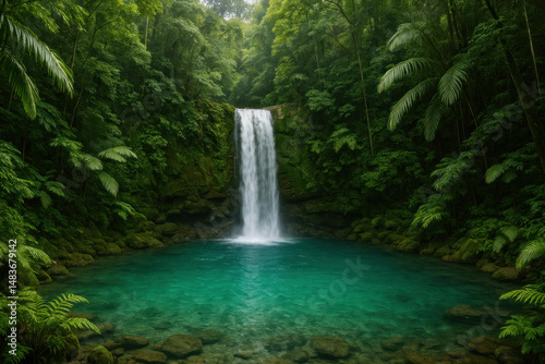 Waterfall cascading through lush jungle foliage.