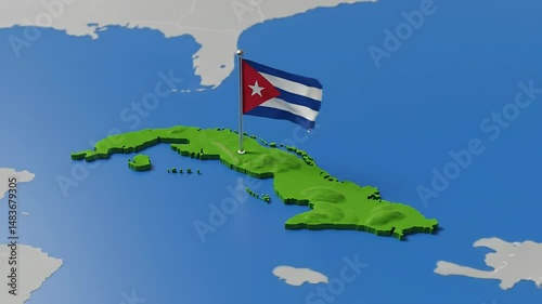 Viewing 3D Map of Island Country with Waving Flag