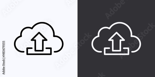 Cloud Upload Icon – Vector Outline – Black and White Preview