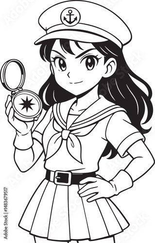 cute manga schoolgirl with sailor uniform holding magical compact mirror, black and white anime for coloring book 