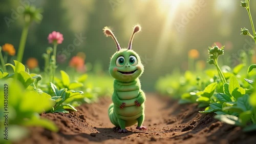 A cheerful caterpillar dances on the path between the beds