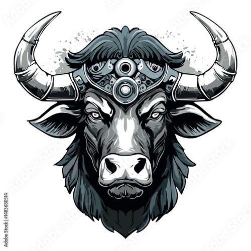 front view of an agressive bull head warrior in the style of black sketch
