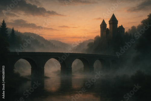 Bridge spanning serene river in painting.