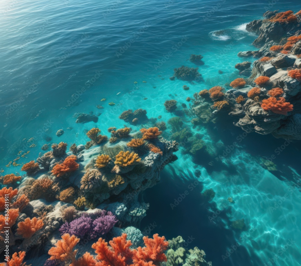 Fototapeta premium Sun-dappled turquoise ocean surface, vibrant coral reef below , image, coral