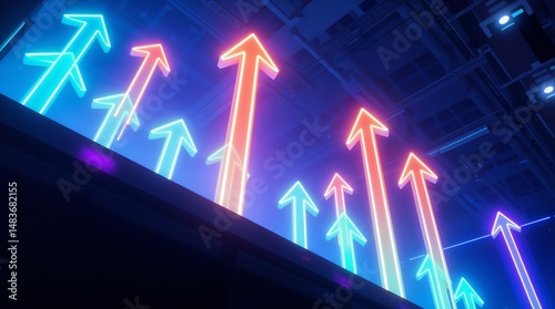 Abstract glowing neon arrows pointing upwards, symbolizing success and growth
