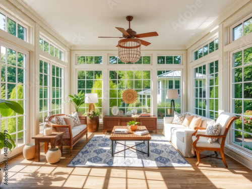 A living room with a white couch, a coffee table, and a fan. The room is bright and airy, with lots of natural light coming in through the windows