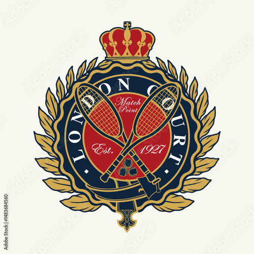 logo slogan graphic, retro tennis with racket, ball and laurel. city London england, London Court Country club summer SS25 tennis crest sport