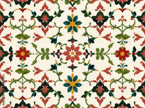 A colorful floral patterned carpet with a white background. The carpet is full of flowers and leaves, and the colors are bright and vibrant. The design is intricate and detailed, with each flower