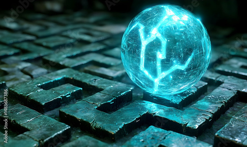 Luminous blue sphere on intricate green maze abstract fantasy background