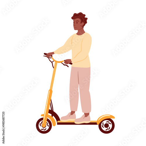 A young black guy, dressed in a long sleeve and beige trousers, rides a bright yellow scooter, radiating a sense of adventure and fun. He glides effortlessly, enjoying the moment.