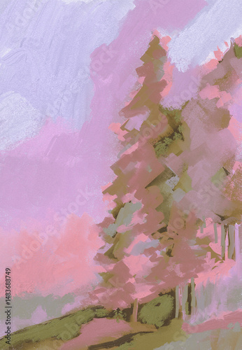 Impressionistic Pine or Conifer Trees on Hillside-Digital Illustration, Painting, Art with Texture-In Pink, Lavender, Sage Green-Digital Painting, Art, Illustration,  Design, w/Paint & Canvas Texture