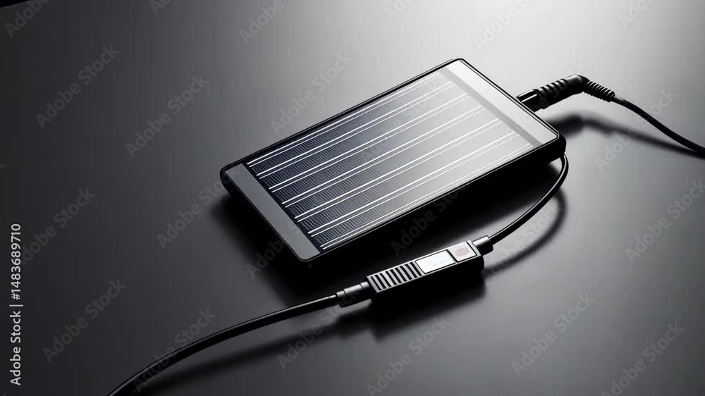 solar panel charger with cable on dark surface in studio setting for renewable energy concept