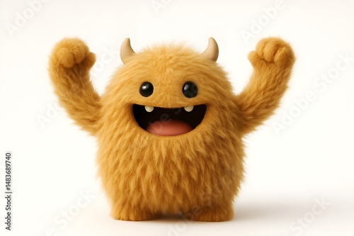 Excited Fluffy Monster Mascot with Raised Arms – 3D Cute Character on White Background

