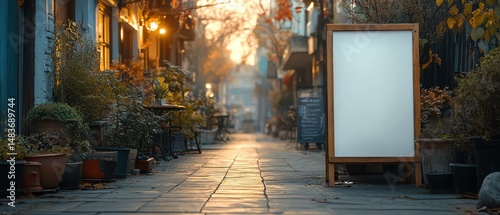 Blank board on cafe sidewalk stand frontal cozy exterior soft morning light inviting ad setup photo